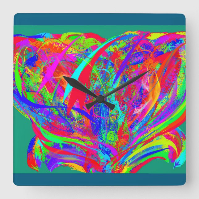 Furry Rainbow Colored Flower Square Wall Clock (Front)