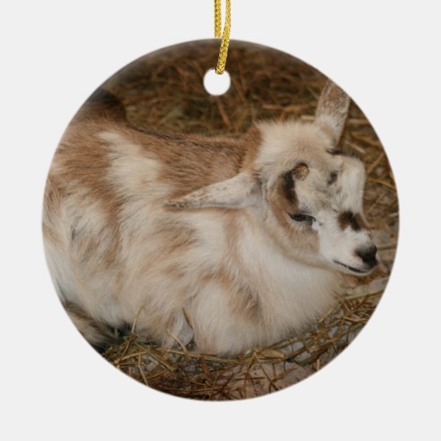 Furry small goat doeling baby right ceramic tree decoration (Front)