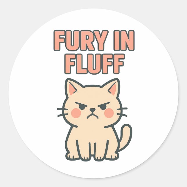 Fury in Fluff Cute Angry Grumpy Cat Cartoon Classic Round Sticker (Front)