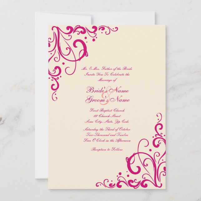 Fuschia and Cream Flourish Wedding Invitation (Front)