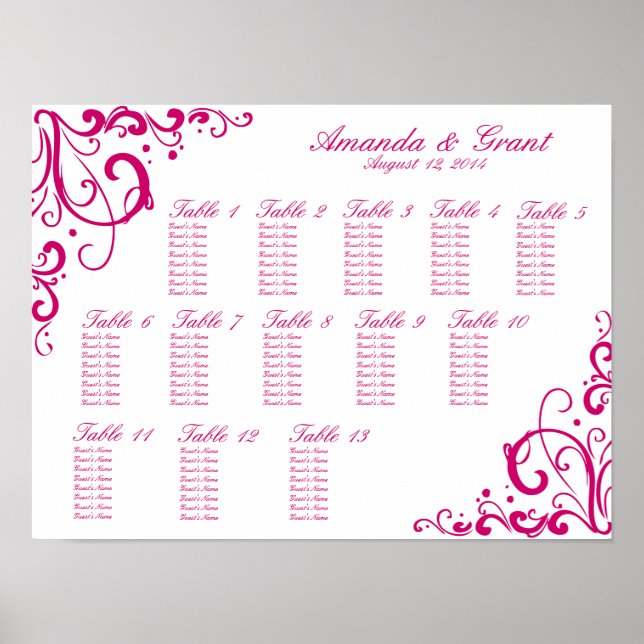 Fuschia and White Flourish Seating Chart (Front)