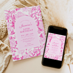 Fuschia Chinoiserie Floral Garden 50th Birthday Invitation