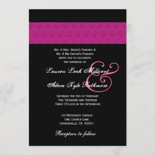 Fuschia Feathered Chevron Black Wedding Monogram Invitation