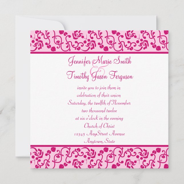 Fuschia floral stylish whimsy wedding invitation (Front)