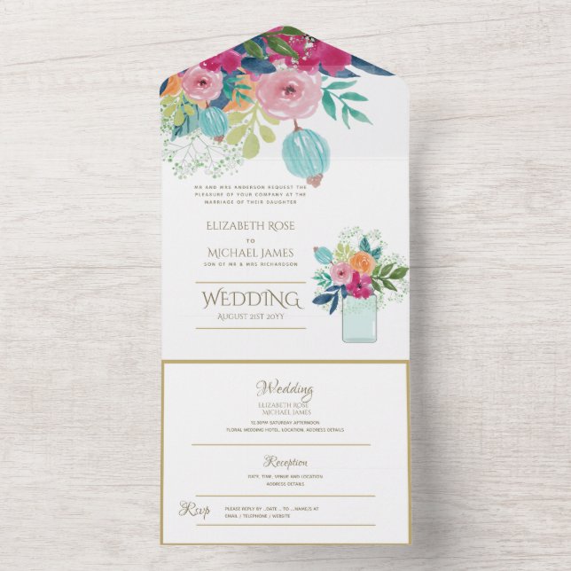 Fuschia Floral Wedding Invitation and Reception. (Inside)