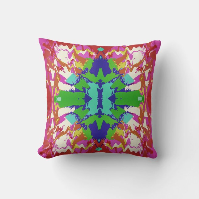 Fuschia Green Blue Gold White Fantasy Flower Motif Cushion (Front)