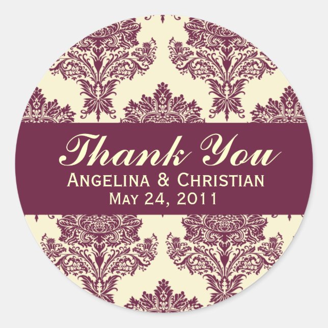 Fuschia & Ivory Damask Round Wedding Labels (Front)
