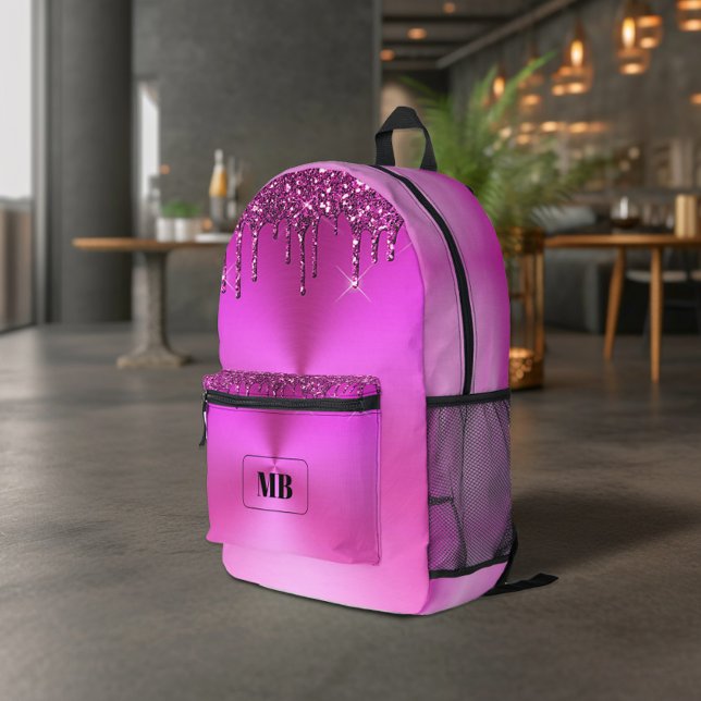 Fuschia Metallic Glitter Drip Monogrammed Printed Backpack (Creator Uploaded)