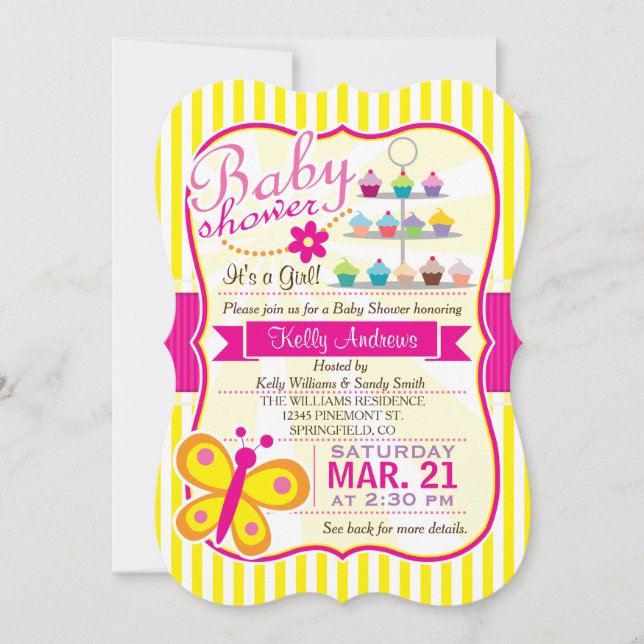 Fuschia Pink and Yellow Butterfly Girl Baby Shower Invitation (Front)