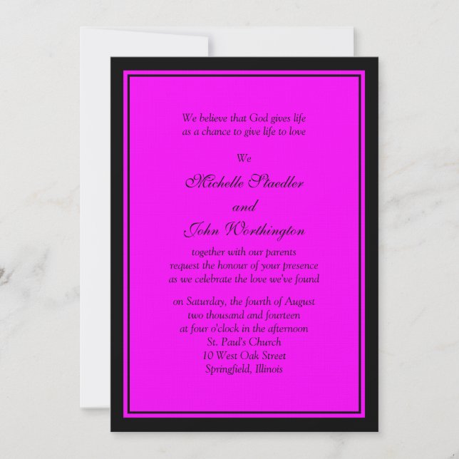 Fuschia Pink & Black Wedding Invitation Template (Front)