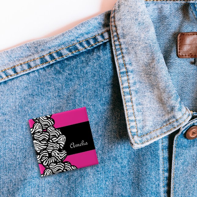 Fuschia pink black white zebra pattern heart name  15 cm square badge (Creator Uploaded)