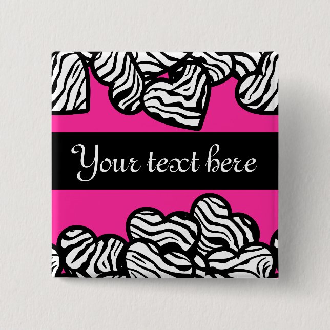Fuschia pink black white zebra pattern heart name  15 cm square badge (Front)
