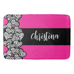Fuschia pink black white zebra pattern heart name  bath mat