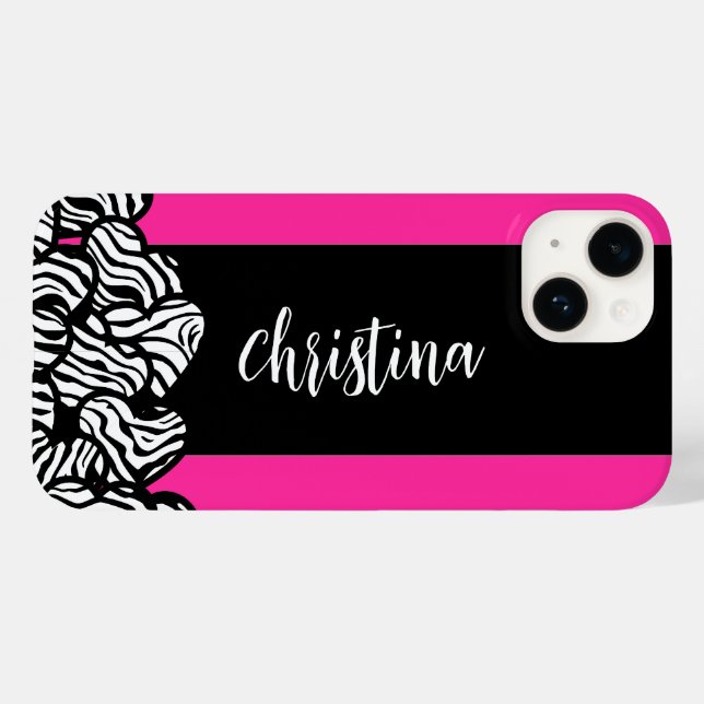 Fuschia pink black white zebra pattern heart name  Case-Mate iPhone case (Back (Horizontal))