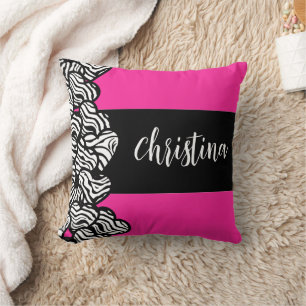 Fuschia pink black white zebra pattern heart name  cushion