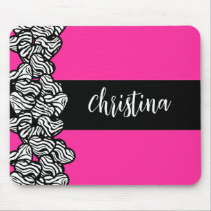 Fuschia pink black white zebra pattern heart name  mouse mat