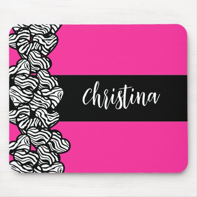 Fuschia pink black white zebra pattern heart name  mouse mat (Front)
