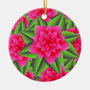 Fuschia Pink Camellias and Green Leaves Ceramic Tree Decoration