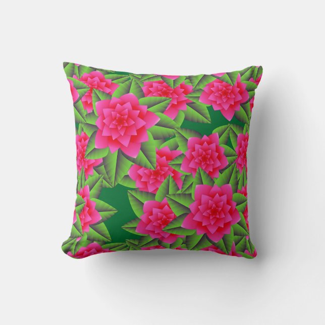 Fuschia Pink Camellias and Green Leaves Cushion (Front)