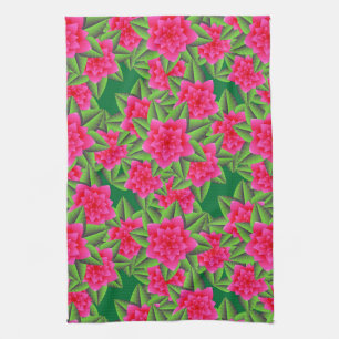 Fuschia Pink Camellias and Green Leaves Tea Towel
