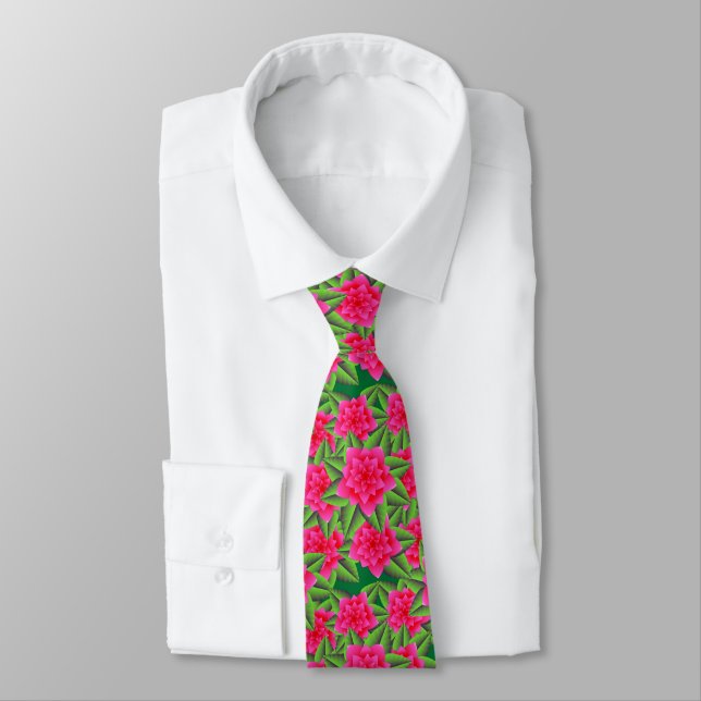 Fuschia Pink Camellias and Green Leaves Tie (Tied)