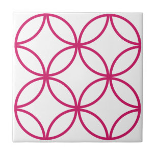 Fuschia pink circle flower repeat pattern on white tile