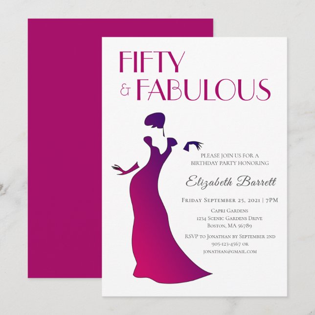 Fuschia Pink Elegant Fifty and Fabulous Birthday Invitation (Front/Back)