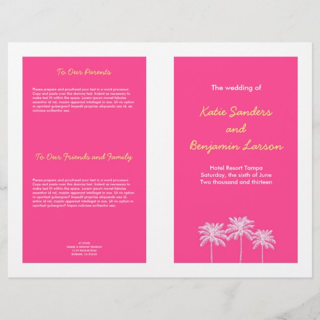 Fuschia pink palm trees summer wedding program (Front)