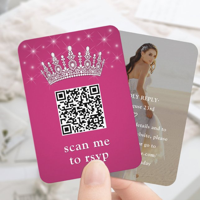 Fuschia Pink QR RSVP Quinceañera Crown & Photo Enclosure Card (Creator Uploaded)