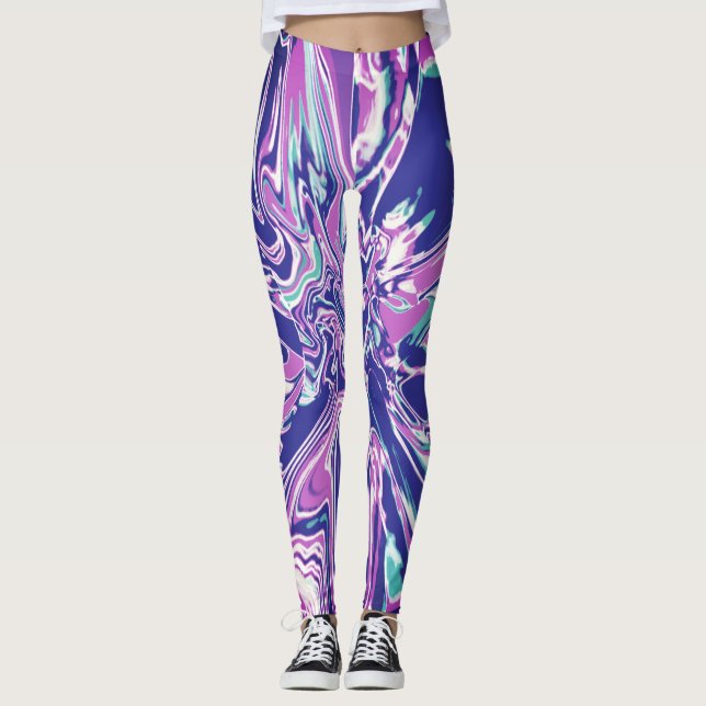 Fuschia Purple Aqua White Psychedelic Flower Leggings (Front)
