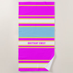 Fuschia Sky Blue Lemon Yellow Stripes Pattern Beach Towel