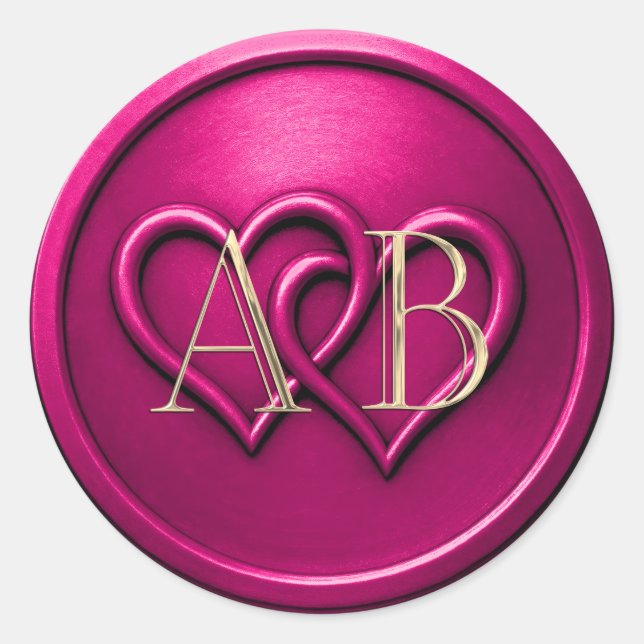 Fuschia Two Hearts Intertwined Monogram Wedding Classic Round Sticker (Front)