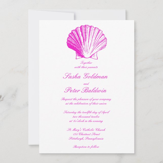 Fuscia Sea Shells Wedding Invitation (Front)