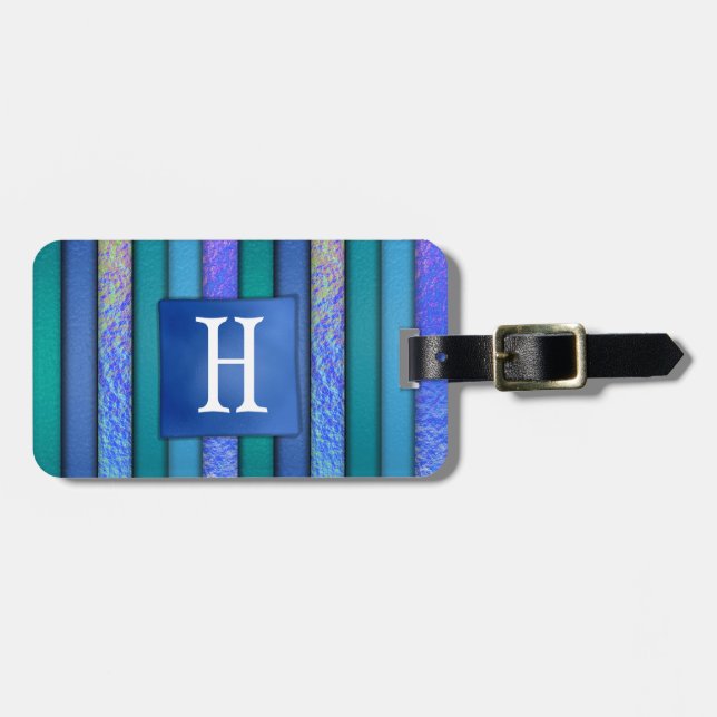 Fused Glass Look Art Monogram Blues Luggage Tag (Front Horizontal)