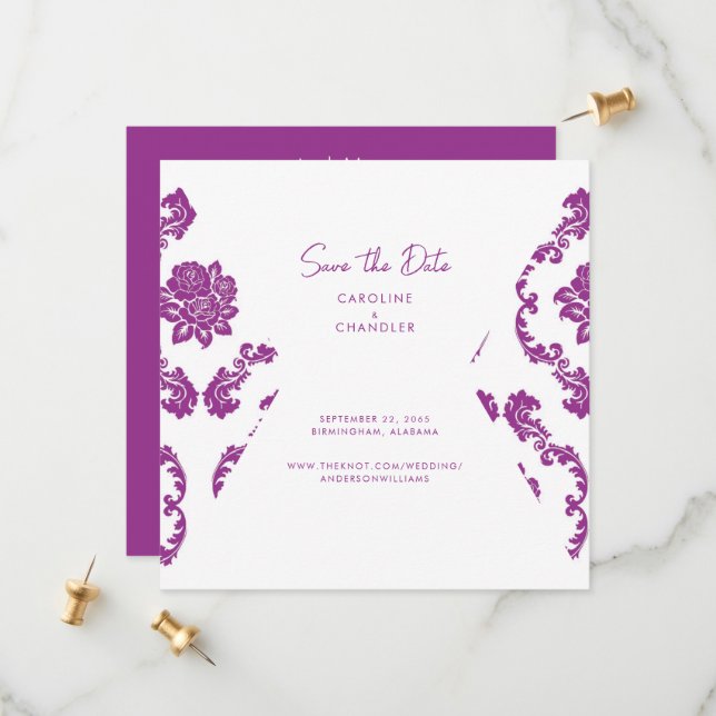 Fushia Damask Photo Wedding Save The Date (Front/Back In Situ)