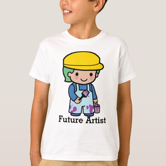 Future Artist boy in overalls and purple paint T-Shirt (Front)
