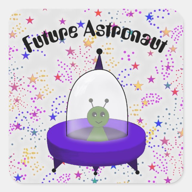 Future Astronaut with Cute Cartoon Space Alien Square Sticker (Front)