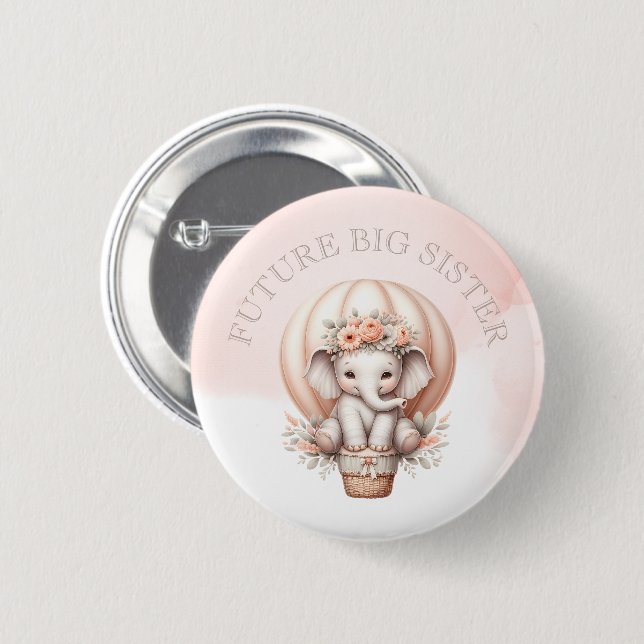 Future Big Sister Baby Shower Peach Elephant 6 Cm Round Badge (Front & Back)