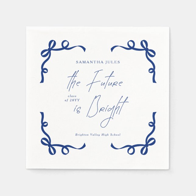 Future Blue Bright Bow Script Graduation Party Napkin (Front)
