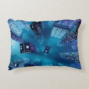 Future city downtown with skyscrapers in neon cybe decorative cushion