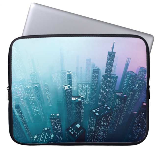 Future city downtown with skyscrapers in neon cybe laptop sleeve (Front)
