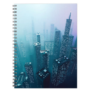 Future city downtown with skyscrapers in neon cybe notebook