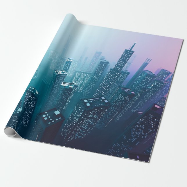 Future city downtown with skyscrapers in neon cybe wrapping paper (Unrolled)