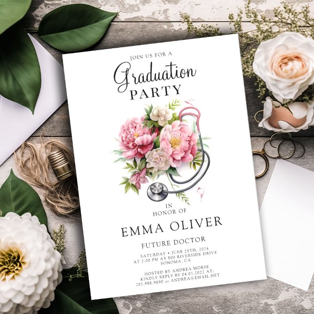 Future Doctor Pink Floral Stethoscope Graduation Invitation (Creator Uploaded)