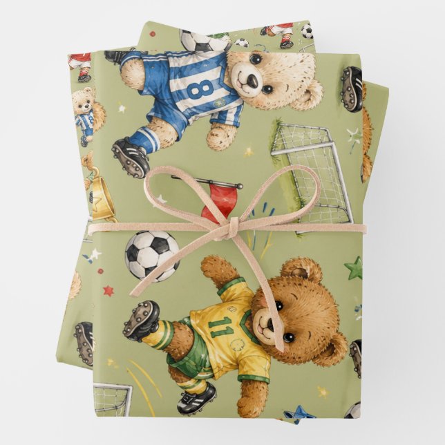 Future Footie Star Team Teddy Wrapping Paper Sheet (In situ)