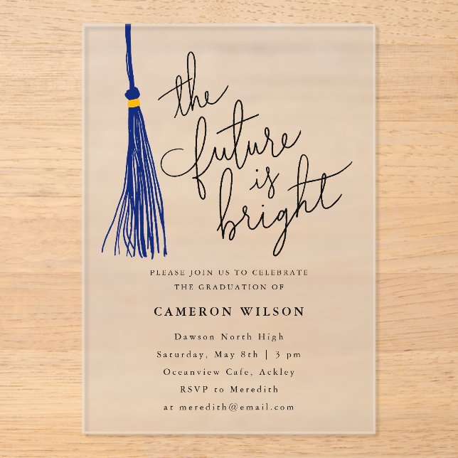 Future Is Bright Blue Tassel Graduation Party Acrylic Invitations (Front)