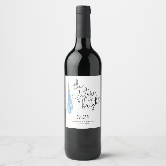 Future Is Bright Light Blue Tassel Grad Party Wine Label (Front)