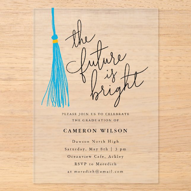 Future Is Bright Sky Blue Tassel Graduation Party Acrylic Invitations (Front)