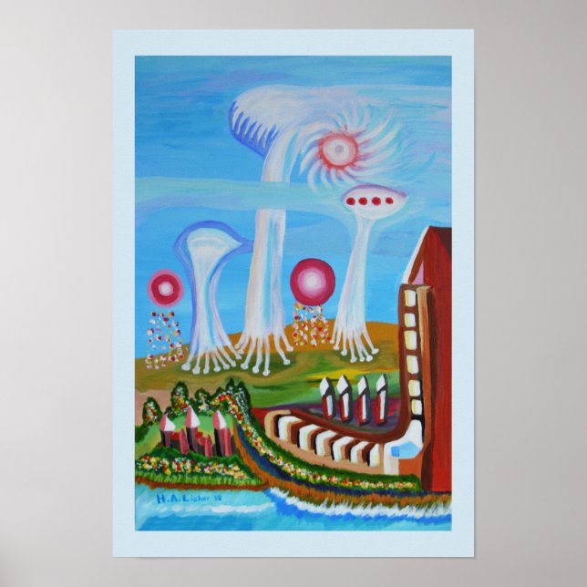 Future landscape with UFOs Poster (Front)