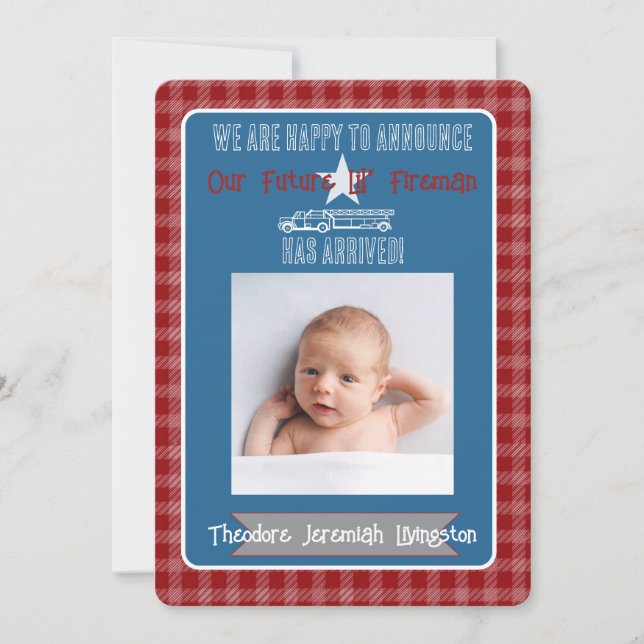 Future Lil’ Fireman-Birth Announcement gingham (Front)